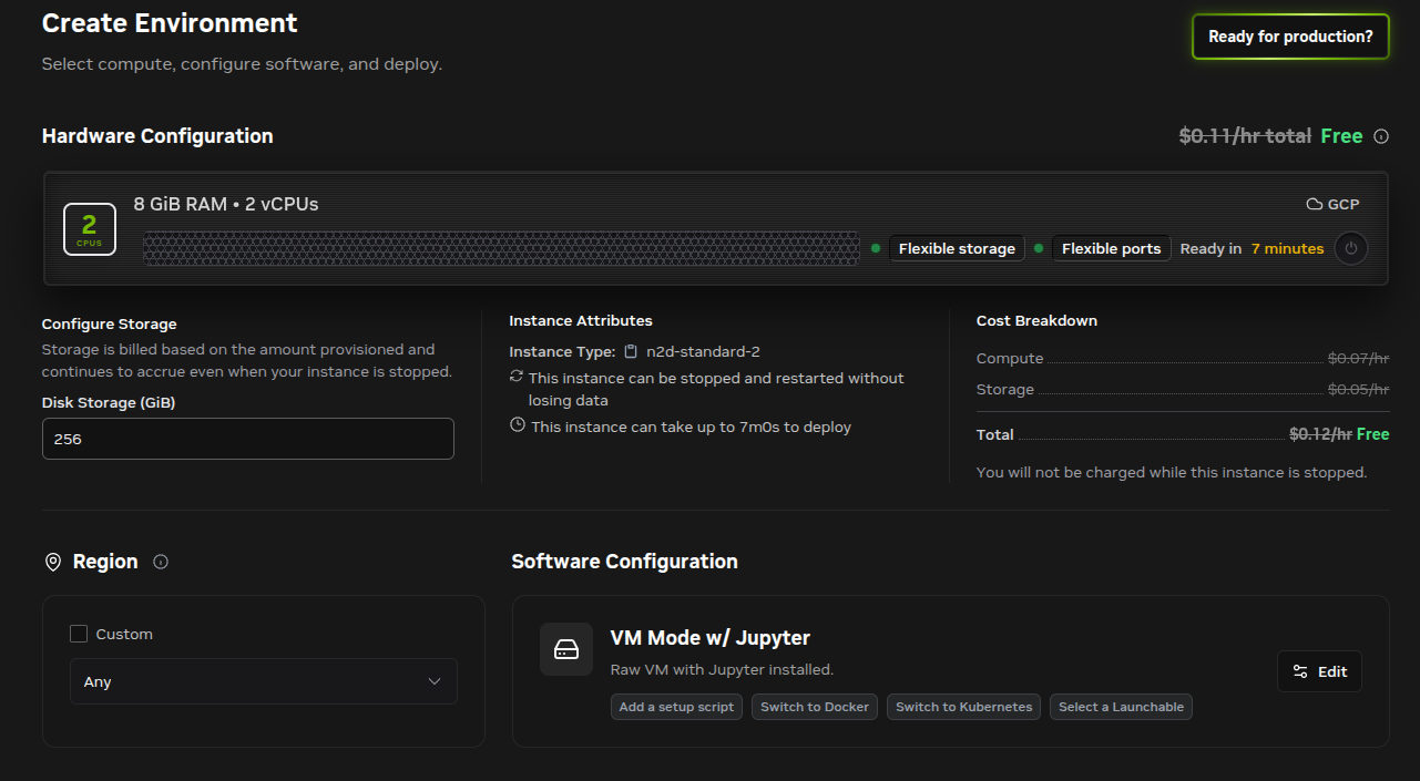 Brev hardware, storage, region, and software configuration page.
