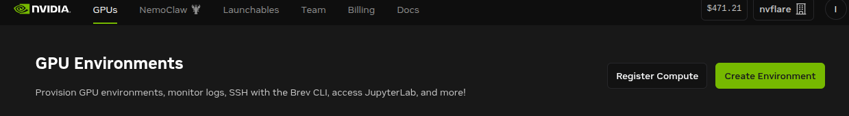 Brev GPU Environments page with the Create Environment button.