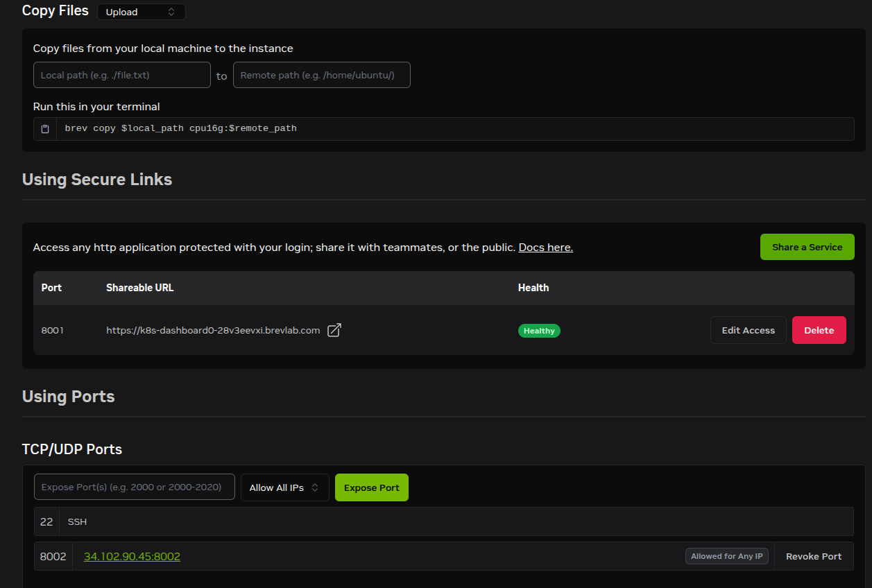 Brev Access page showing copy, secure links, and TCP ports.