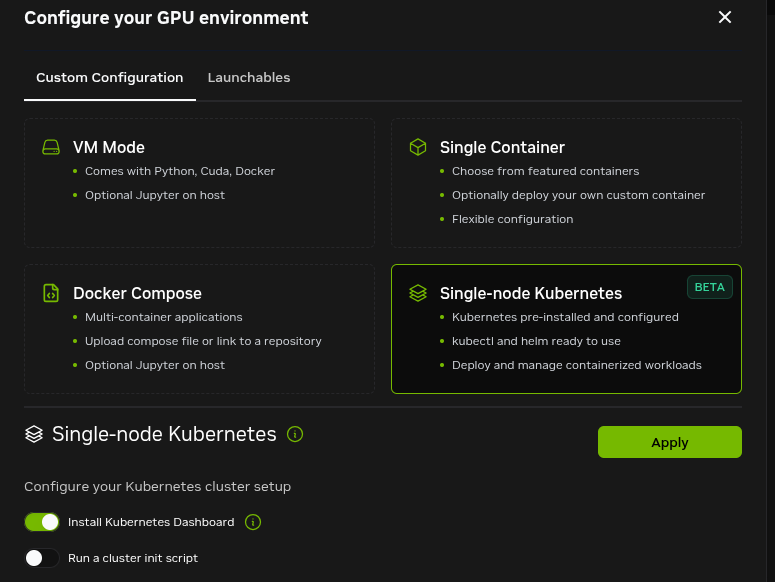 Brev software picker with Single-node Kubernetes selected.