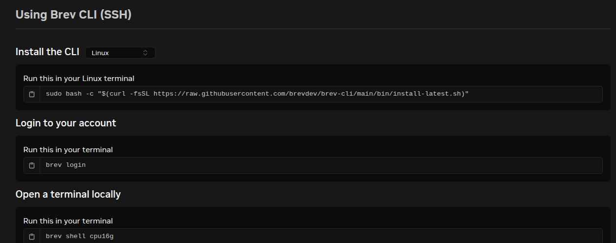 Brev Access page showing Brev CLI install, login, and shell commands.