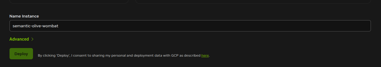 Brev deployment page showing Name Instance and Deploy.
