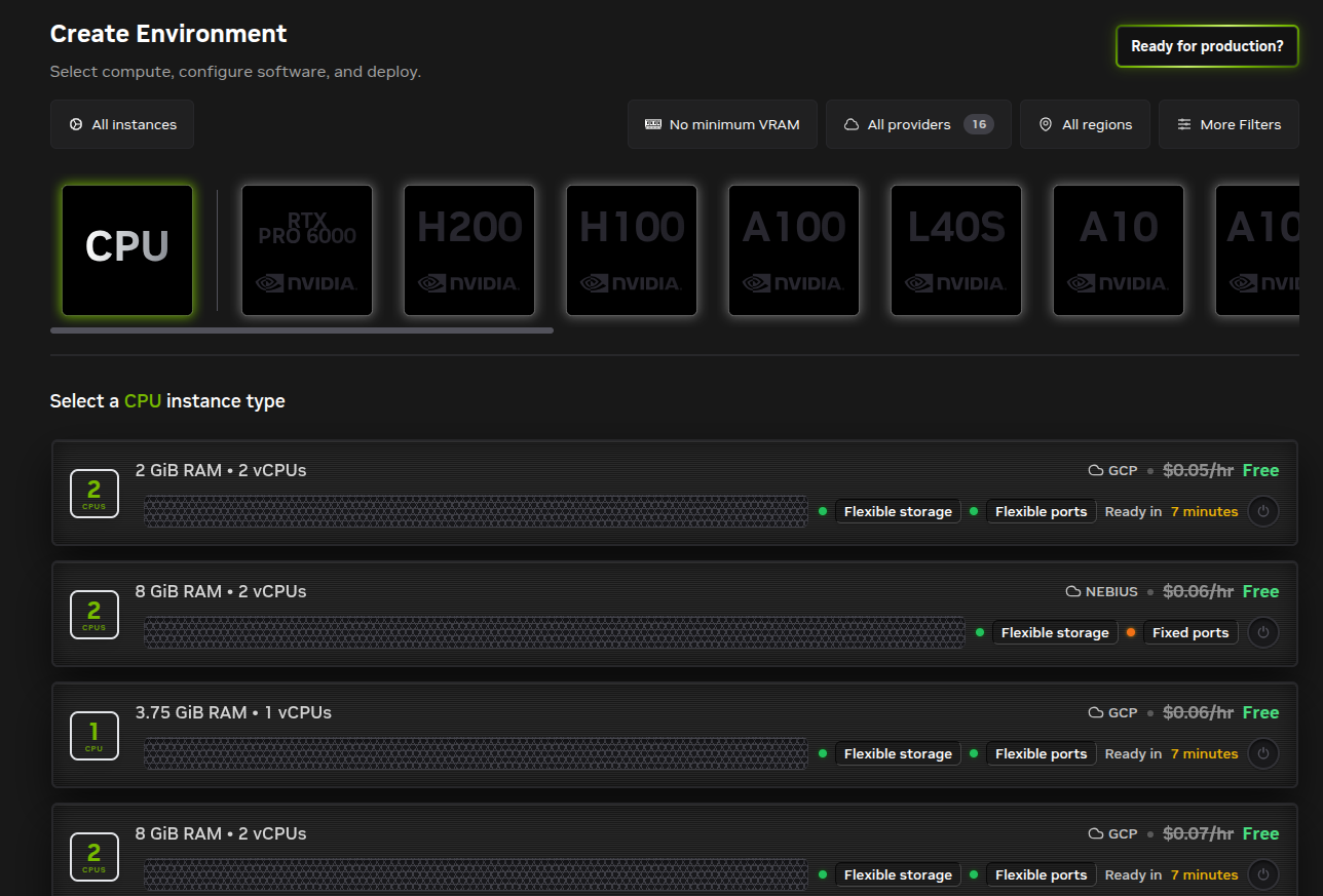 Brev Create Environment page with CPU selected.